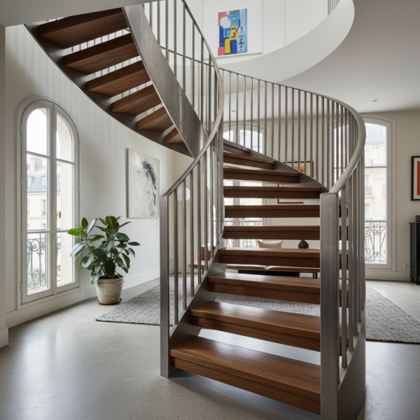 Escalier design sur mesure en chêne fumé et structure aluminium, ambiance intérieure parisienne.