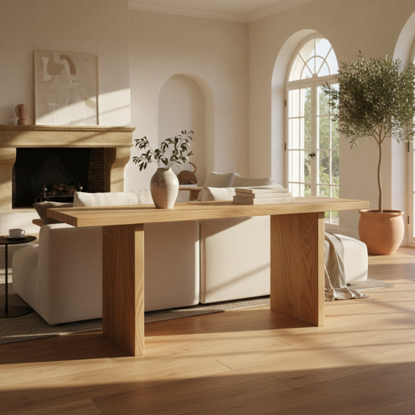 Console en chêne sur mesure dans un salon de villa haut de gamme à Grimaud.